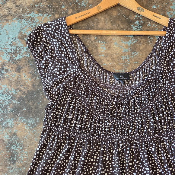 Vintage 90s Milkmaid Style Midi Dress Size XL Brown Dots Fairy Whimsygoth Beyer - Picture 2 of 9